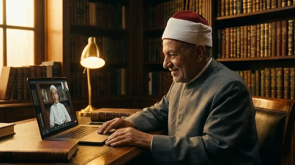 محفظ أزهري يعلم القرآن لطفل سعودي عن بعد ويصحح التلاوة.