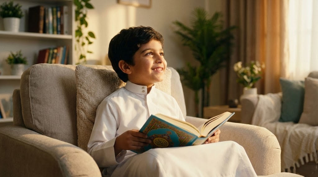 طفل سعودي يحمل المصحف ويبتسم بشغف - طرق تحبيب الطفل في حفظ القرآن مع أكاديمية درجات
