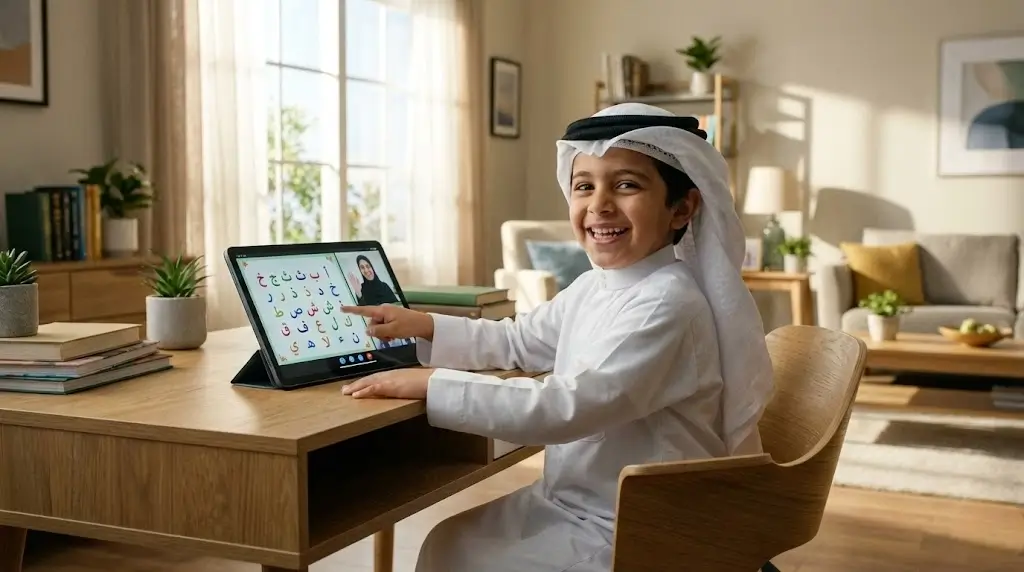 طفل سعودي يتعلم القاعدة النورانية عن بعد مع معلمة متخصصة