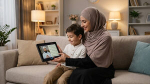 أم تتابع طفلها أثناء حصة تحفيظ قرآن عن بعد بشفافية تامة