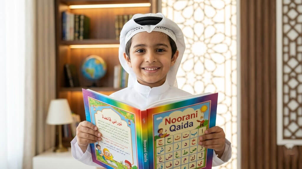 طفل سعودي سعيد يمسك كتاب القاعدة النورانية للأطفال ويبتسم، معبرًا عن سهولة التأسيس قبل حفظ القرآن.