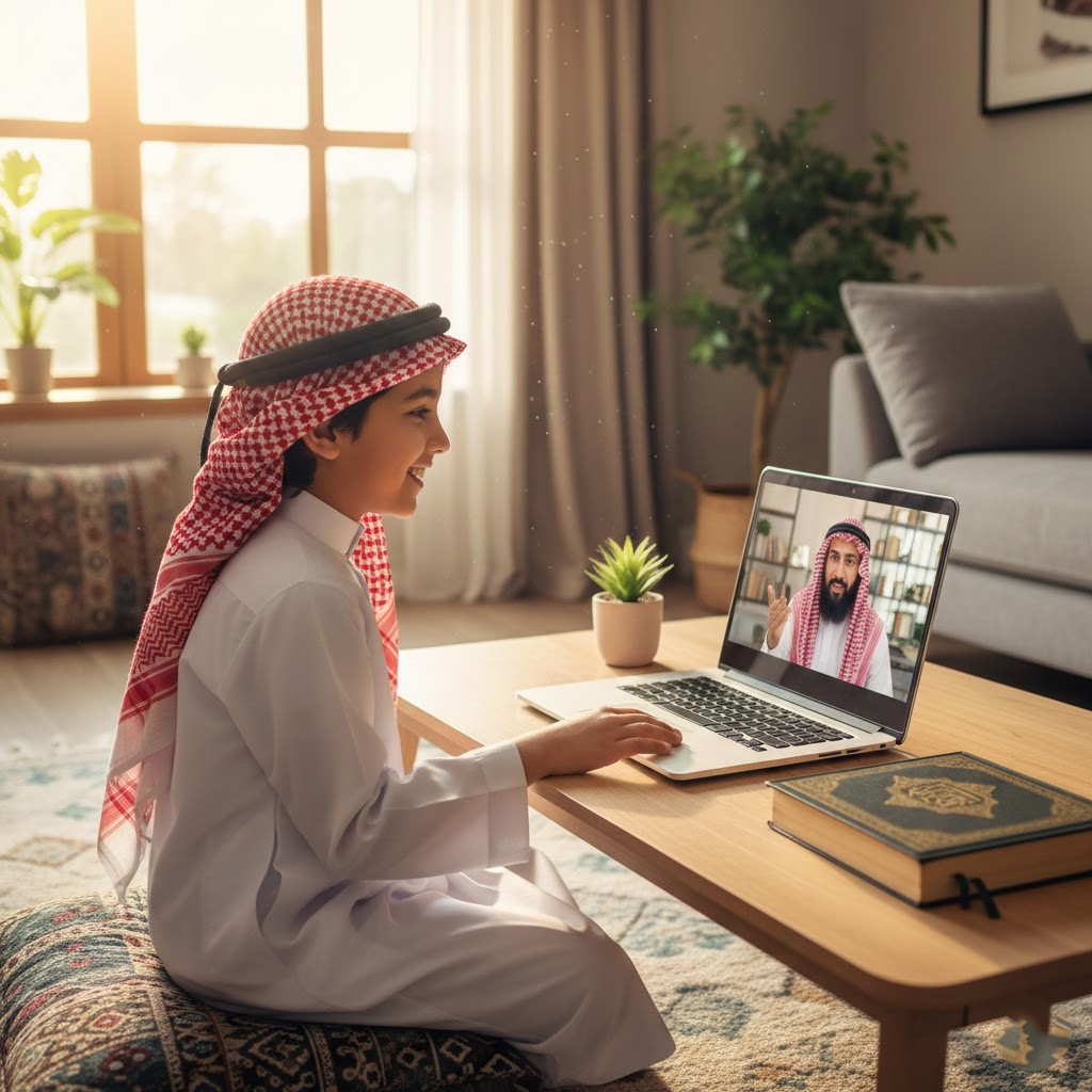 طفل سعودي مبتسم يتلقى تعليم القرآن للأطفال عن بعد عبر اللابتوب في منزله بالرياض مع أكاديمية درجات.