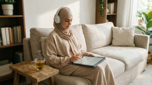 سيدة في المنزل تتعلم القرآن عن بعد عبر التابلت بخصوصية تامة، ضمن برنامج تحفيظ القرآن للنساء.