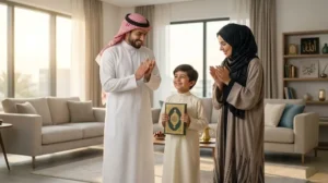 عائلة سعودية تحتفل بإنجاز طفلها في حفظ جزء من القرآن الكريم في المنزل.