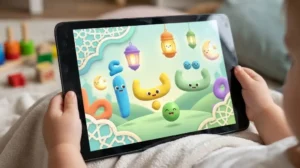 واجهة تفاعلية ملونة لتعليم الأطفال الحروف الهجائية والقرآن الكريم عن بعد.