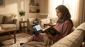 سيدة سعودية تتابع جدول حفظ سورة البقرة عبر الإنترنت مع معلمة متخصصة.