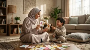 أم سعودية تلعب مع طفلها الصغير لعبة تعليمية لتحفيظ القرآن بطريقة ممتعة.