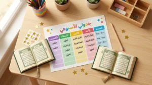 جدول ملون ومطبوع لحفظ القرآن يساعد الأطفال على تتبع تقدمهم اليومي خطوة بخطوة.