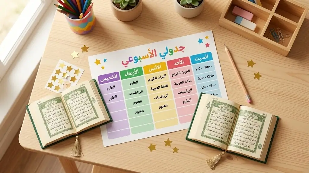 جدول ملون ومطبوع لحفظ القرآن يساعد الأطفال على تتبع تقدمهم اليومي خطوة بخطوة.