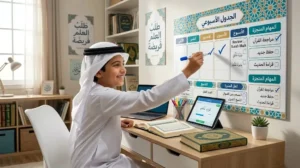 طفل سعودي يتابع خطة واقعية لتحفيظ القرآن تتناسب مع جدوله المدرسي.