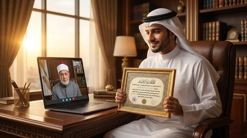 شاب سعودي يحصل على شهادة إجازة في القرآن الكريم بالسند المتصل من شيخ أزهري عن بعد.
