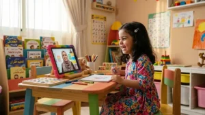 طفلة سعودية صغيرة في الرابعة من عمرها تتعلم تحفيظ القرآن مع معلمة متخصصة عن بعد.طفلة سعودية صغيرة في الرابعة من عمرها تتعلم تحفيظ القرآن مع معلمة متخصصة عن بعد.