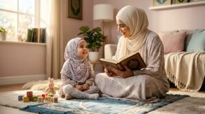 أم تبتسم لطفلها كبداية لرحلة تحفيظ القرآن للأطفال في سن مبكرة