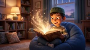 طفل مسلم يقرأ كتاب قصص إسلامية يخرج منه نور ذهبي سحري