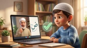 معلم أزهري يشير إلى فمه ليعلم طفلاً مسلماً مخرج الحرف الصحيح أون لاين بلطف