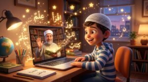 طفل مسلم سعيد يتفاعل مع معلم قرآن أون لاين أزهري عبر اللابتوب بأسلوب كرتوني