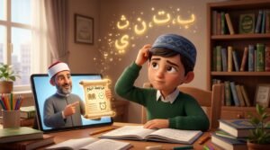 طفل يحاول تذكر حفظ القرآن الكريم مع مساعدة المعلم الأزهري