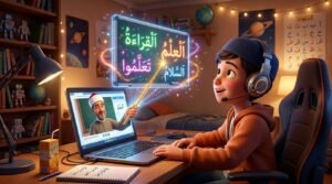 معلم أزهري يستخدم سبورة تفاعلية هولوجرام لتعليم طفل القرآن أون لاين