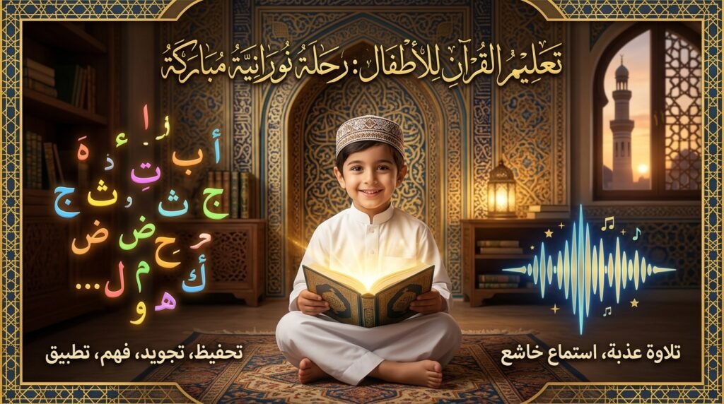 صورة بارزة لمقال "الفرق بين نور البيان والقاعدة النورانية" – طفل يقرأ القرآن بتألق
