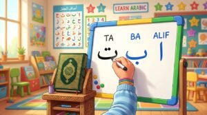 طفل يكتب الحروف العربية على سبورة – بداية التأسيس القرآني
