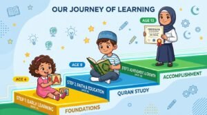  درج يوضح مراحل تعليم القرآن حسب العمر: 4 سنوات، 8 سنوات، 13 سنة