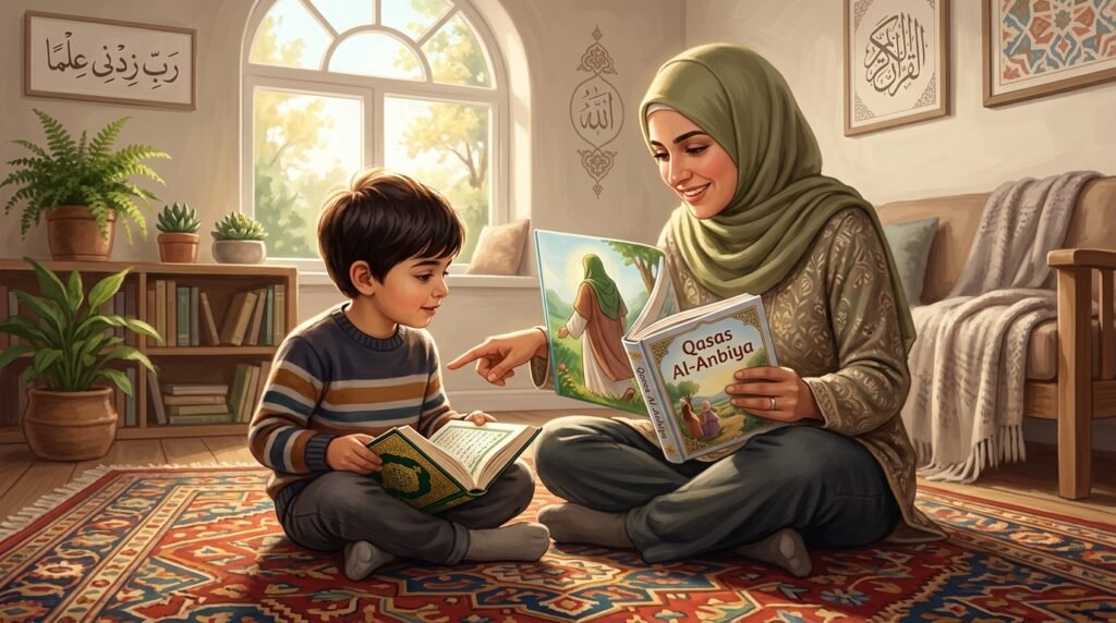 تحفيظ القرآن للأطفال بالقصص - أم وطفلها يقرآن معاً قصة نبي والمصحف