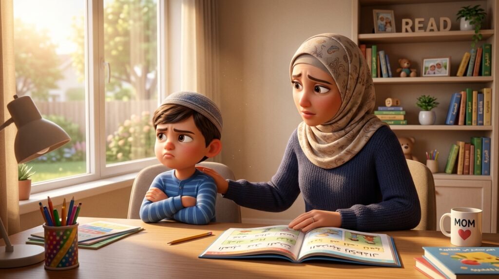 أم تحاول تعليم القرآن للأطفال وطفلها يشعر بالملل