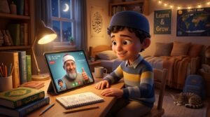 معلم قرآن أزهري يشجع طفلاً مسلماً خجولاً أثناء التسميع أون لاين بابتسامة