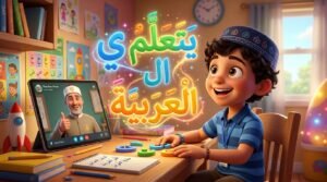 طفل مسلم ينظر بانبهار إلى حروف عربية مضيئة مع الحركات لتأسيسه في القراءة