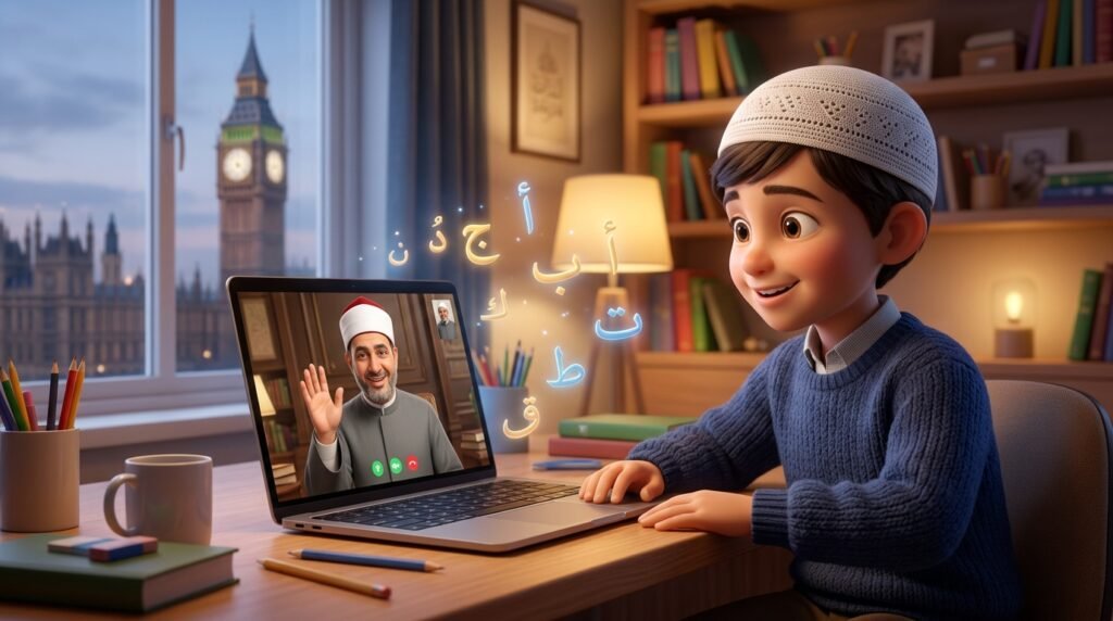 طفل مسلم في بريطانيا يتعلم القرآن أون لاين بسعادة مع معلم أزهري عبر اللابتوب