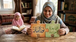 أب وأم يضعان قطعة النور البيان وقطعة النورانية معاً لحل حيرة اختيار المنهج