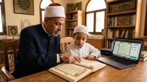 معلم أزهري يعطي حصة فردية لطفل لتعليم القرآن