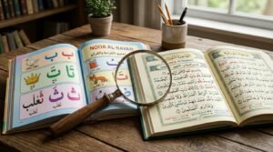 كتابان مفتوحان يمثلان منهج نور البيان والقاعدة النورانية للمقارنة