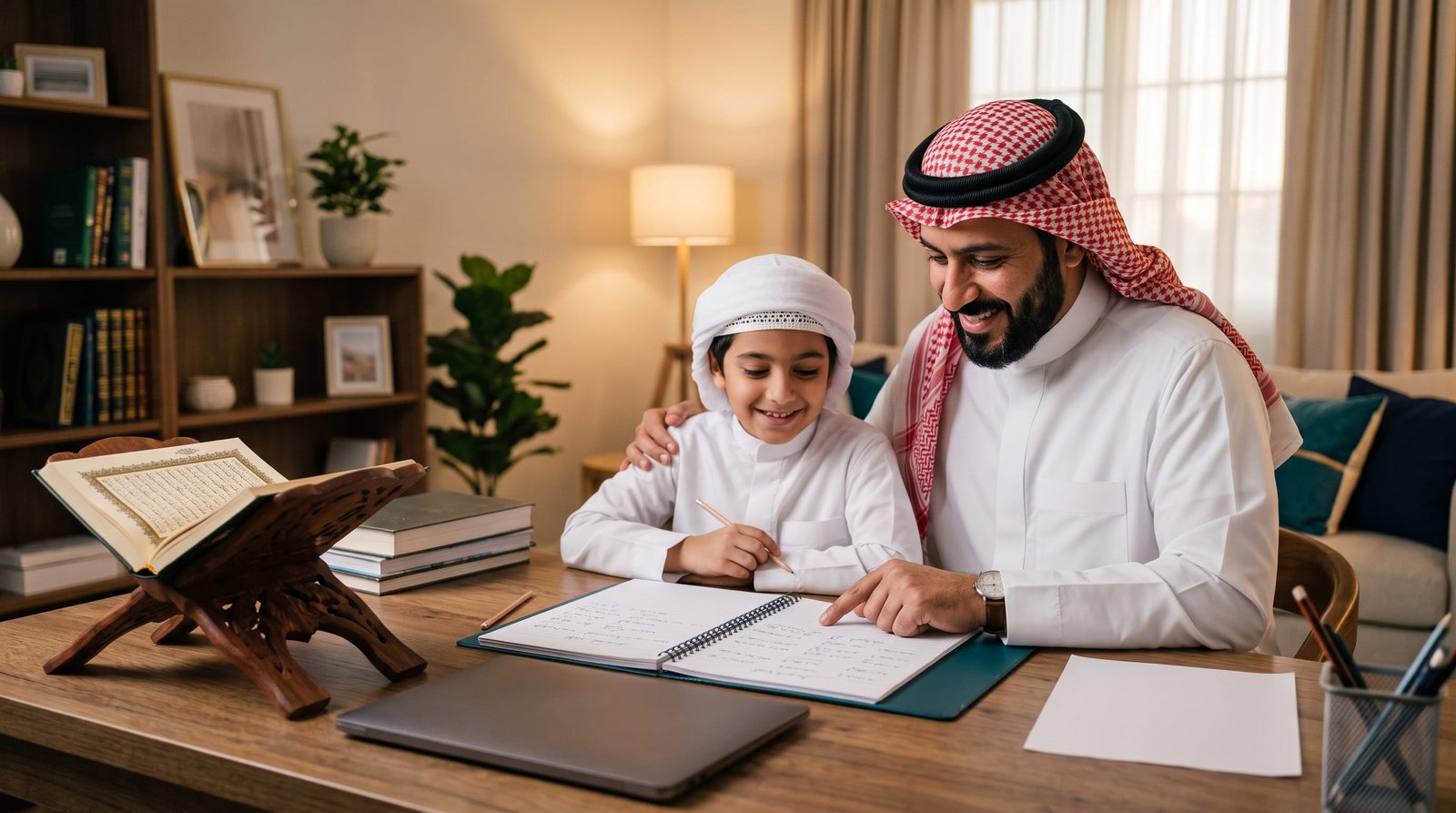 أب يتابع تقدم طفله بعد دروس قرآن أون لاين للأطفال في السعودية
