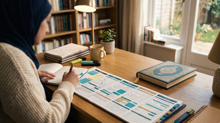 جدول متابعة حفظ القرآن ومصحف على مكتب الدراسة