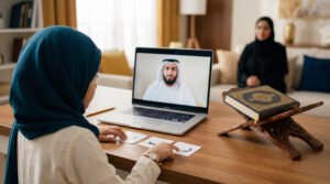 طفل يتدرب على الحروف المقطعة مع معلم قرآن أونلاين
