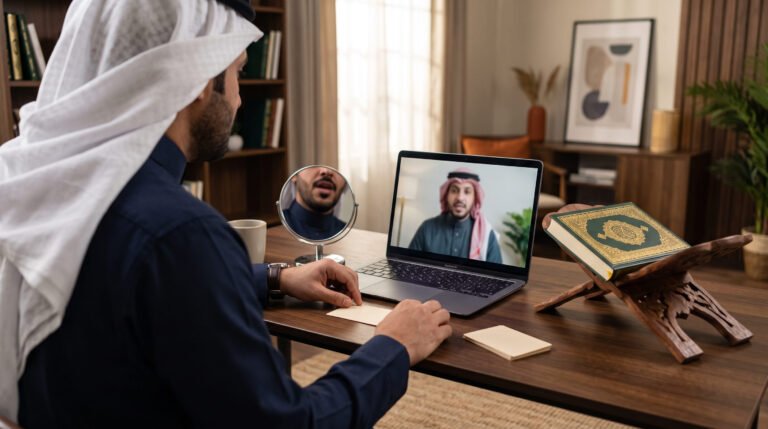 رجل يتدرب على التلاوة والتجويد مع معلم في حصة أونلاين