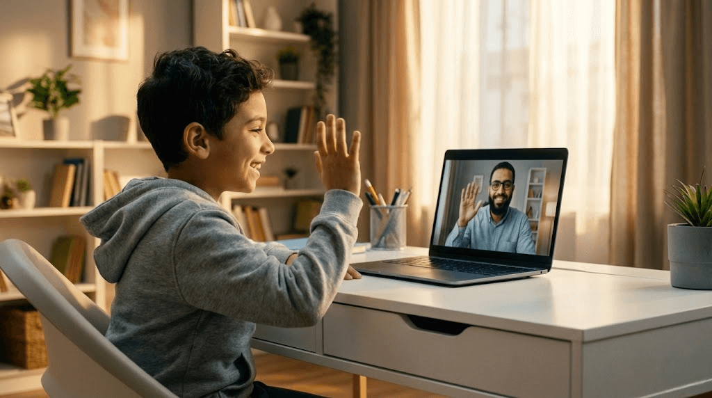 Happy Muslim child in UK learning Quran online with Native Arab Tutor.