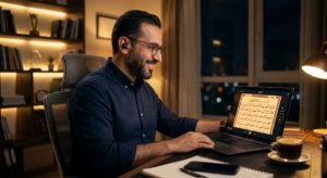 وظف يقرأ القرآن الكريم بارتياح عبر شاشة اللابتوب في منزله بعد انتهاء العمل