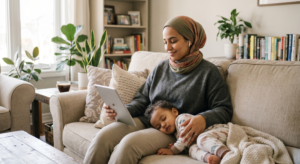 أم تحفظ القرآن الكريم عبر الإنترنت بمرونة وتركيز أثناء نوم طفلها بجوارها