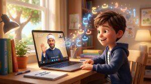 A cheerful non-Arabic boy starting his Quran reading journey online with a friendly Azhari teacher and glowing Arabic letters.