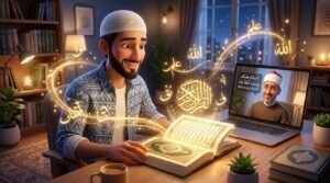 A happy new Muslim man starting his Quran journey online with an Azhari teacher in a magical 3D Pixar style.