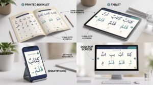 Noorani Qaida book PDF compared on printed pages tablet phone and computer