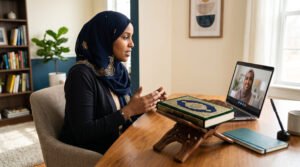 Learner attending a private online Quran trial and level assessment