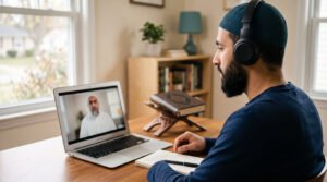 Quran learner practising Tajweed with live teacher correction online