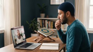 Adult Quran learner practising pronunciation with live online teacher feedback