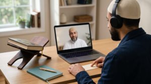 Adult Muslim learner studying Arabic for Quran in a live one-to-one online lesson