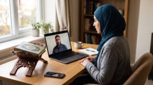 Adult learner improving Quran recitation through live online teacher correction
