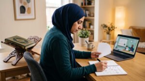 Muslim learner studying Quran vocabulary and simple Arabic grammar online