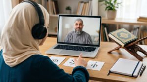Beginner practising Arabic short vowels with an online Quran teacher